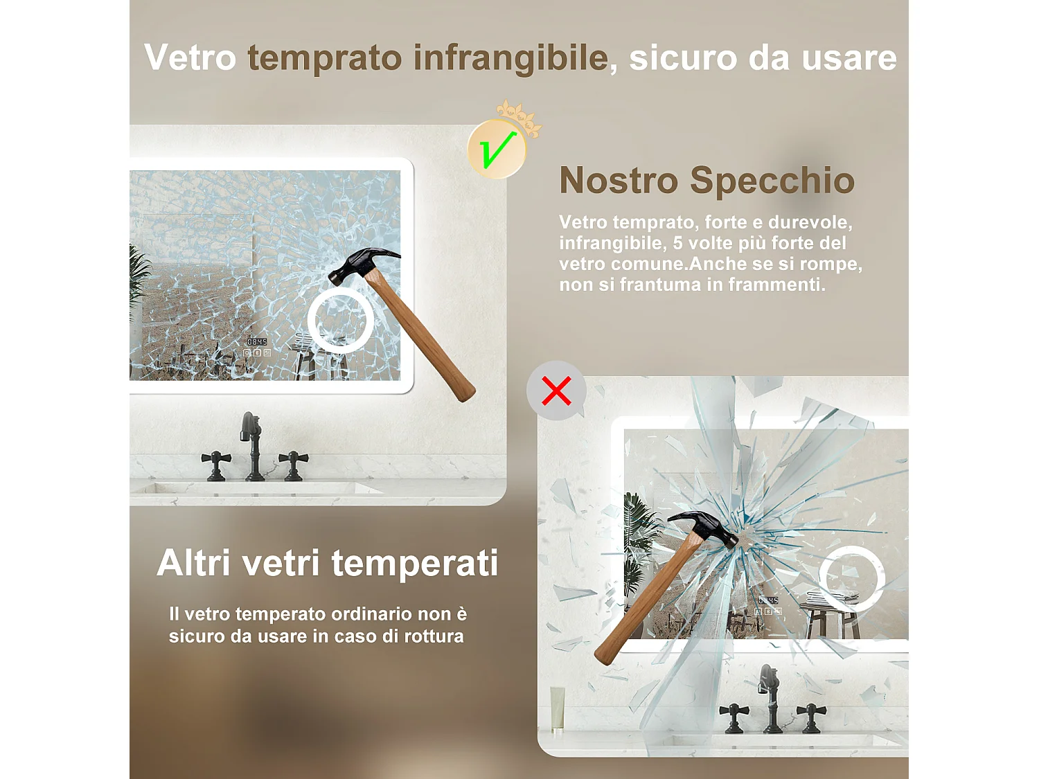 Specchio luminoso Orologio + lente d'ingrandimento + bluetooth + luce tricolore + anti-appannamento 120x70cm bagno regolabile, memoria, touch, LED