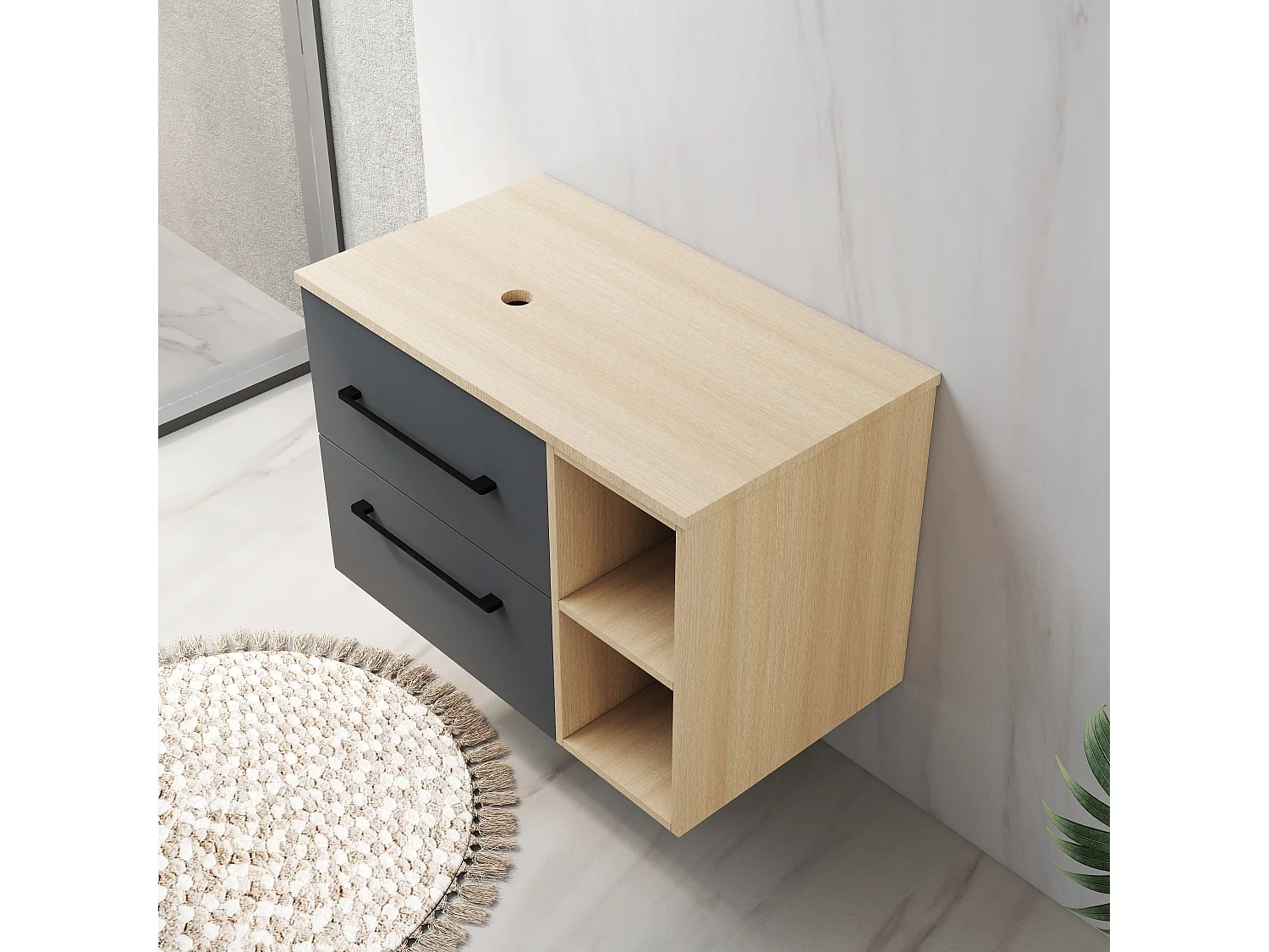 Mobile bagno a due cassetti 99cm senza lavabo, sospeso, finitura rovere, con ripiani aperti