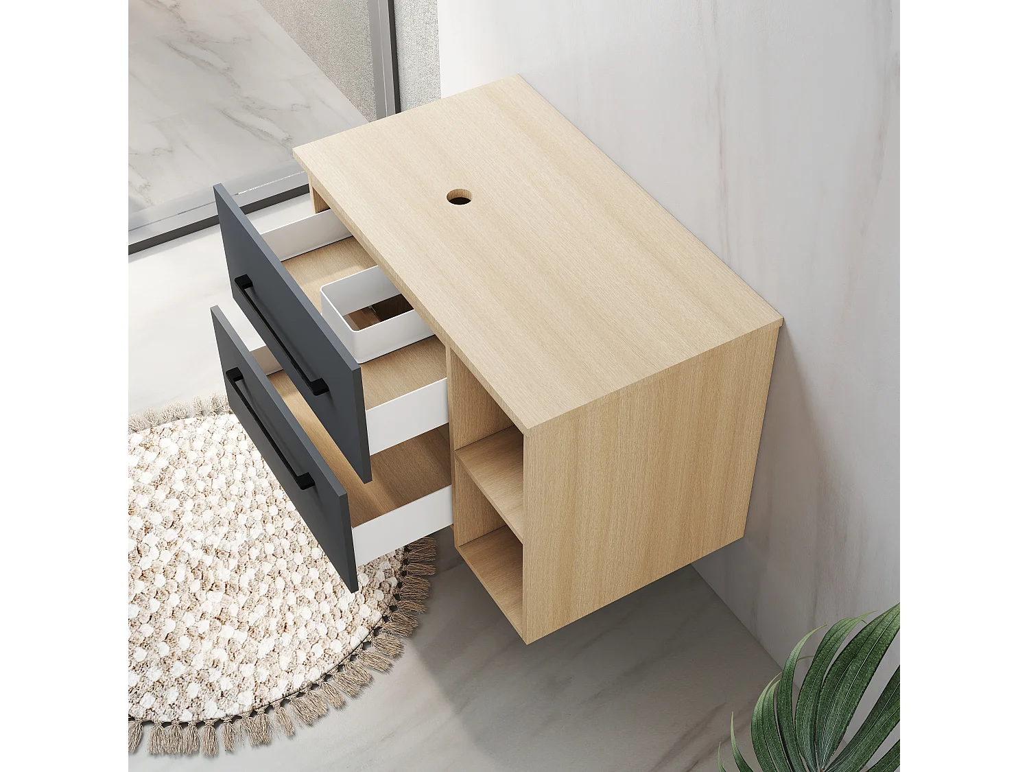 Mobile bagno a due cassetti 99cm senza lavabo, sospeso, finitura rovere, con ripiani aperti