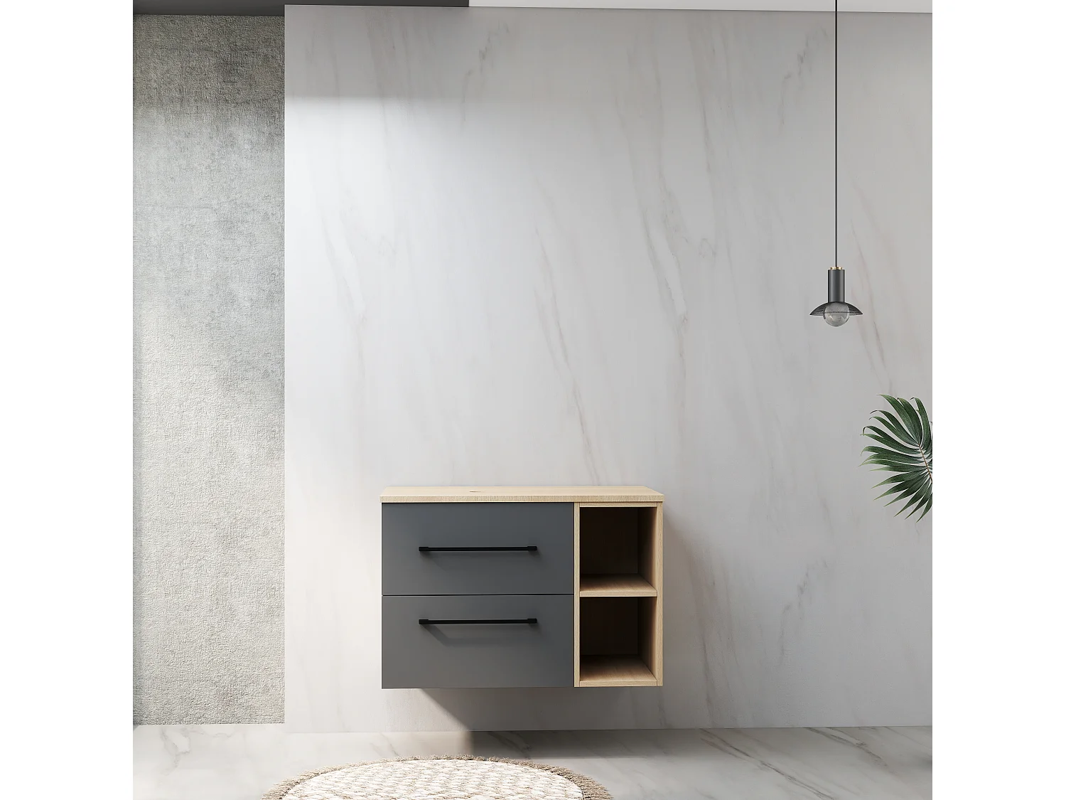 Mobile bagno a due cassetti 99cm senza lavabo, sospeso, finitura rovere, con ripiani aperti