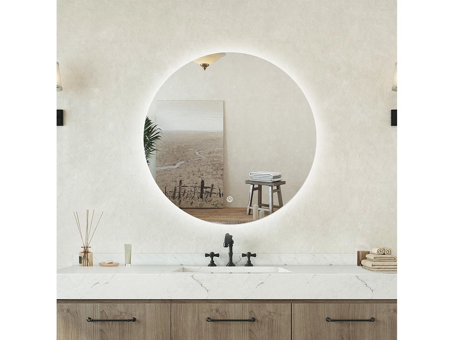 Specchio bagno tondo 50 cm con led. Dimmerabile + Touch Control + Bordo non sabbiato + IP44