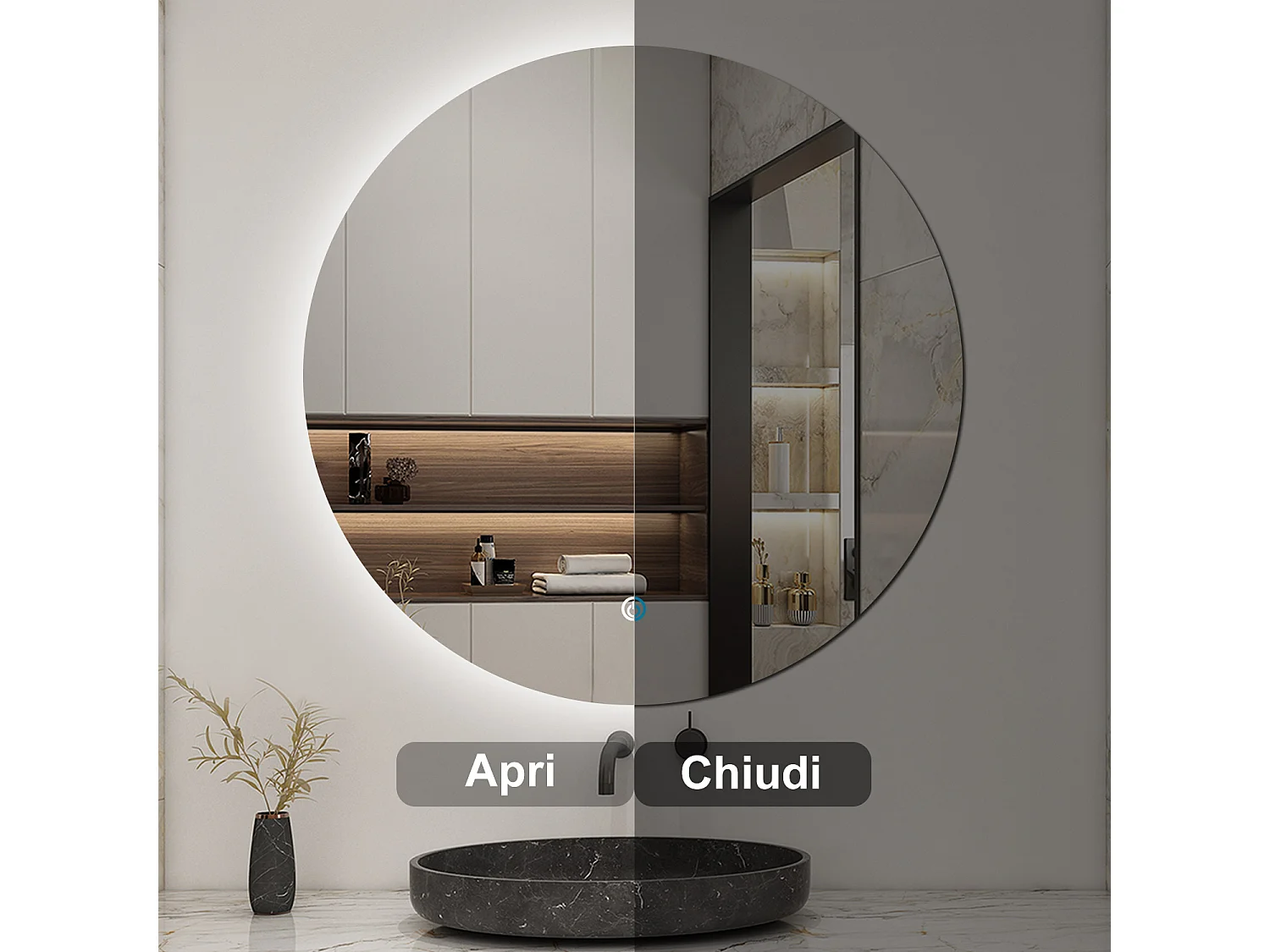 Specchio bagno tondo 50 cm con led. Dimmerabile + Touch Control + Bordo non sabbiato + IP44