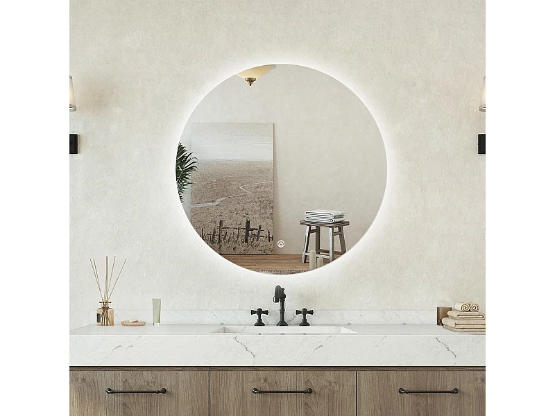 Specchio bagno tondo 50 cm con led. Dimmerabile + Touch Control + Bordo non sabbiato + IP44