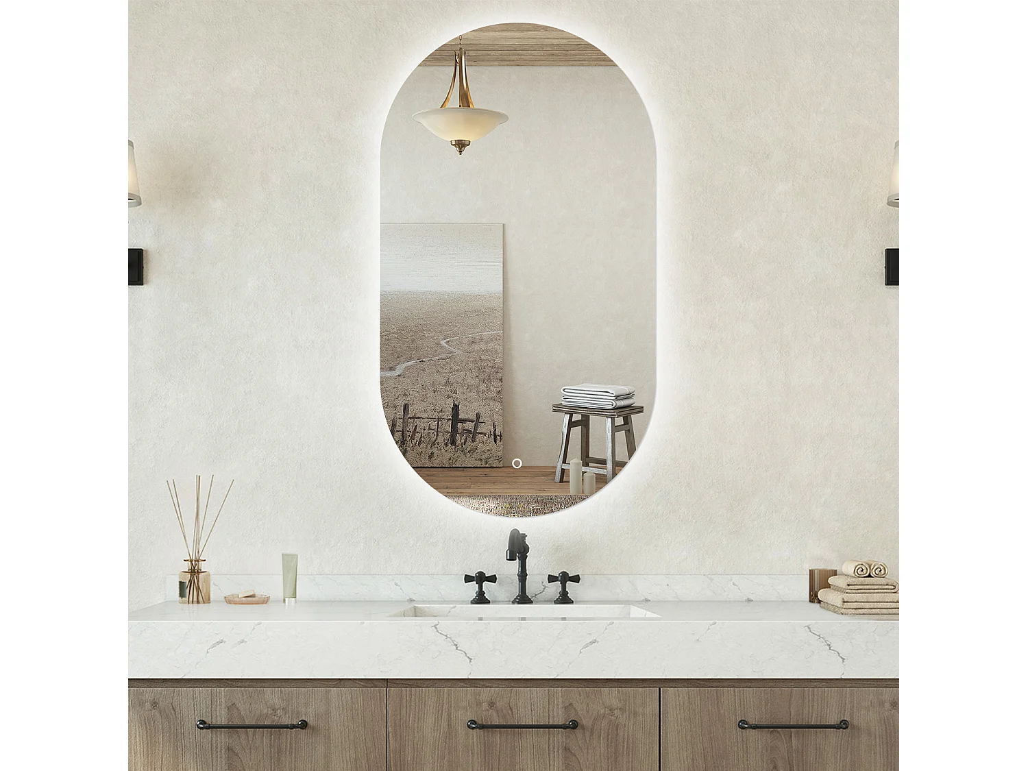 Specchio bagno ovale 50x90 cm con led. Dimmerabile + Touch Control + Bordo non sabbiato + IP44