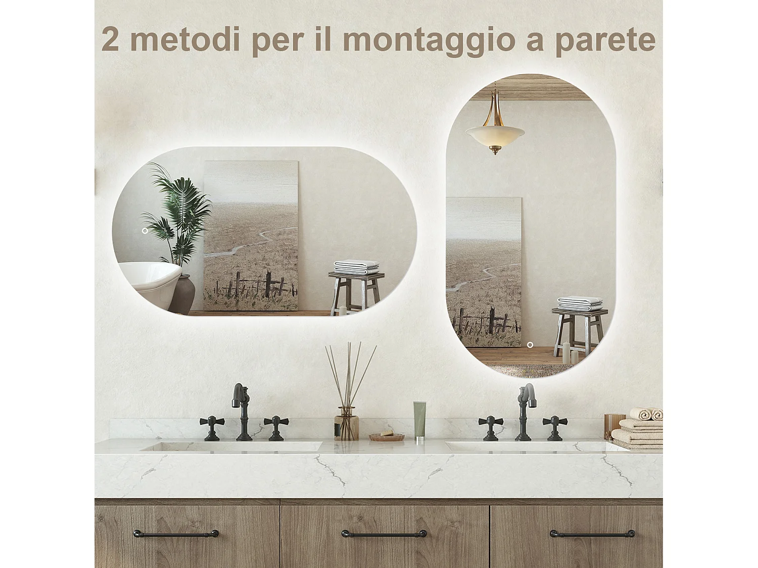 Specchio bagno ovale 50x90 cm con led. Dimmerabile + Touch Control + Bordo non sabbiato + IP44