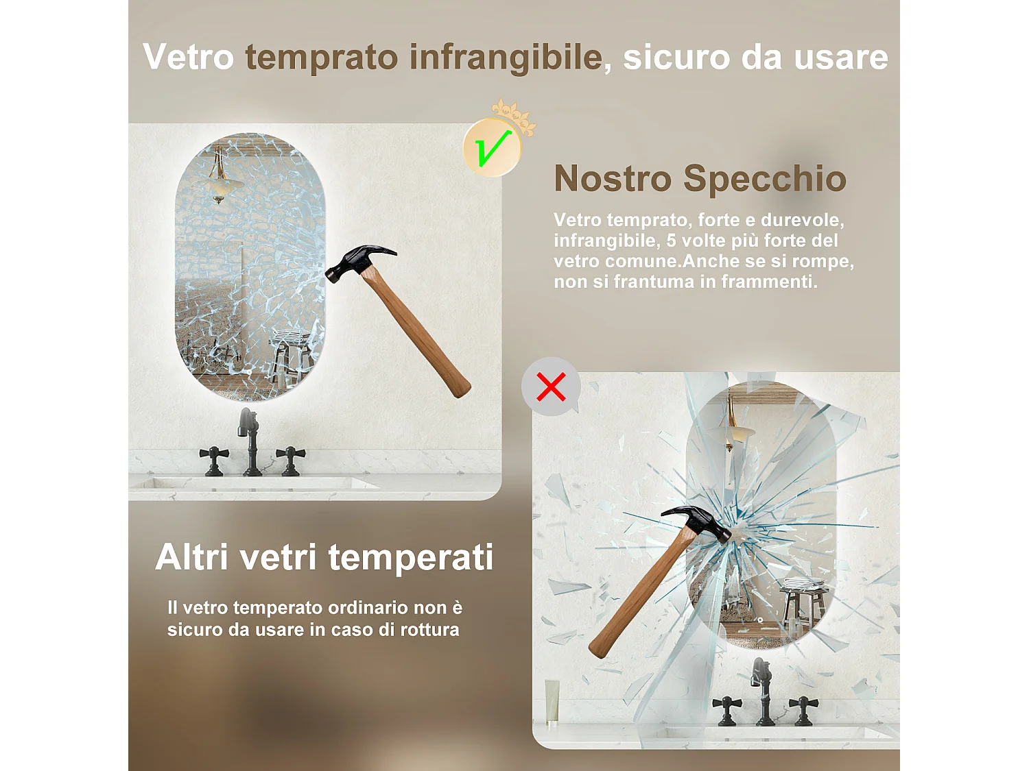 Specchio bagno ovale 50x90 cm con led. Dimmerabile + Touch Control + Bordo non sabbiato + IP44