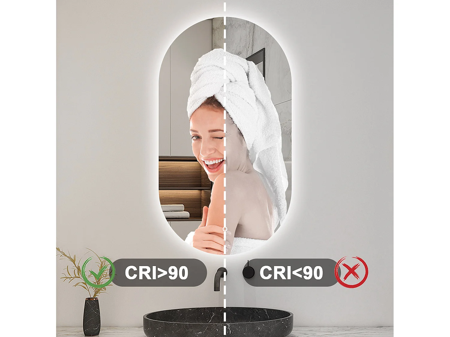 Specchio bagno ovale 50x90 cm con led. Dimmerabile + Touch Control + Bordo non sabbiato + IP44