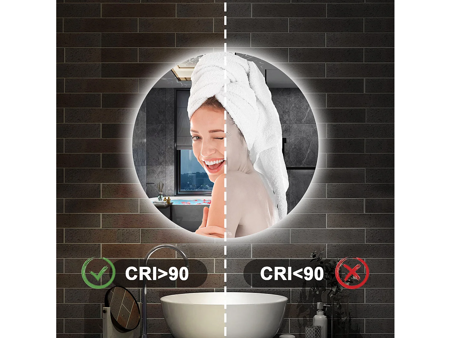 Specchio bagno tondo 70 cm con led. Dimmerabile + Touch Control + Bordo non sabbiato + IP44