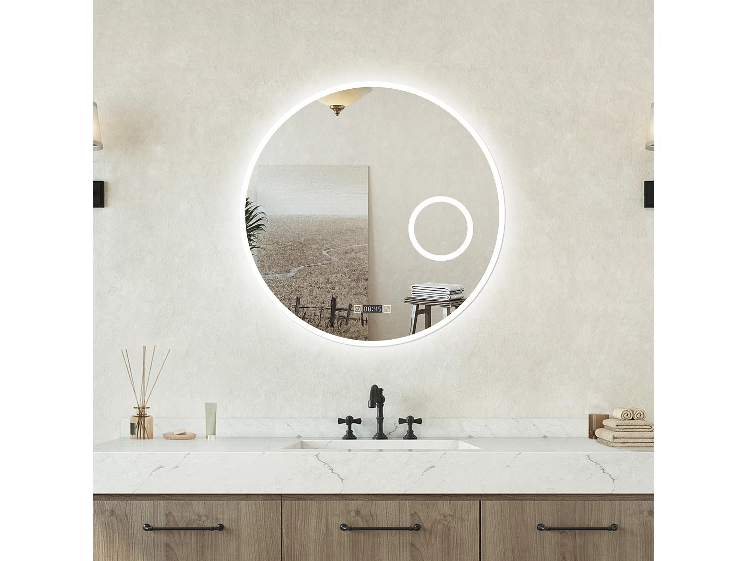 Specchio LED da Bagno Tondo 80cm con 3 Luci, Touch, Orologio, Lente d'Ingrandimento, Anti-Appannamento, Dimmerabile e Memoria