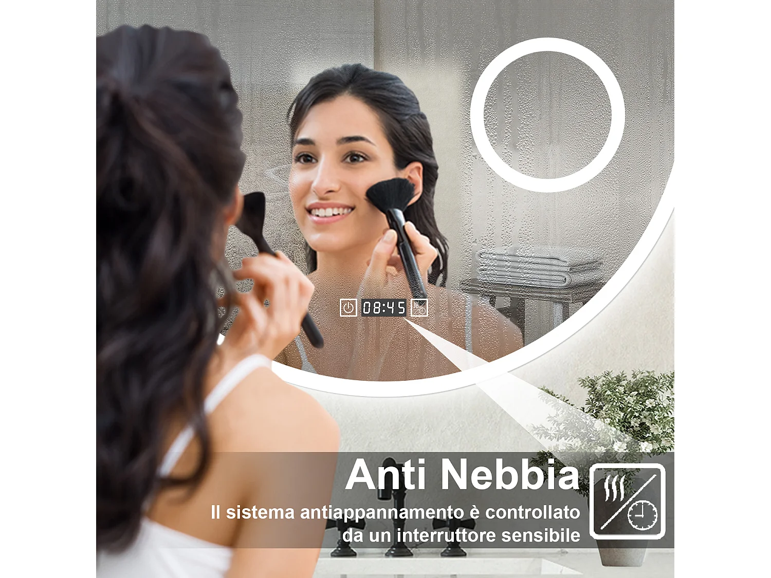 Specchio LED da Bagno Tondo 80cm con 3 Luci, Touch, Orologio, Lente d'Ingrandimento, Anti-Appannamento, Dimmerabile e Memoria