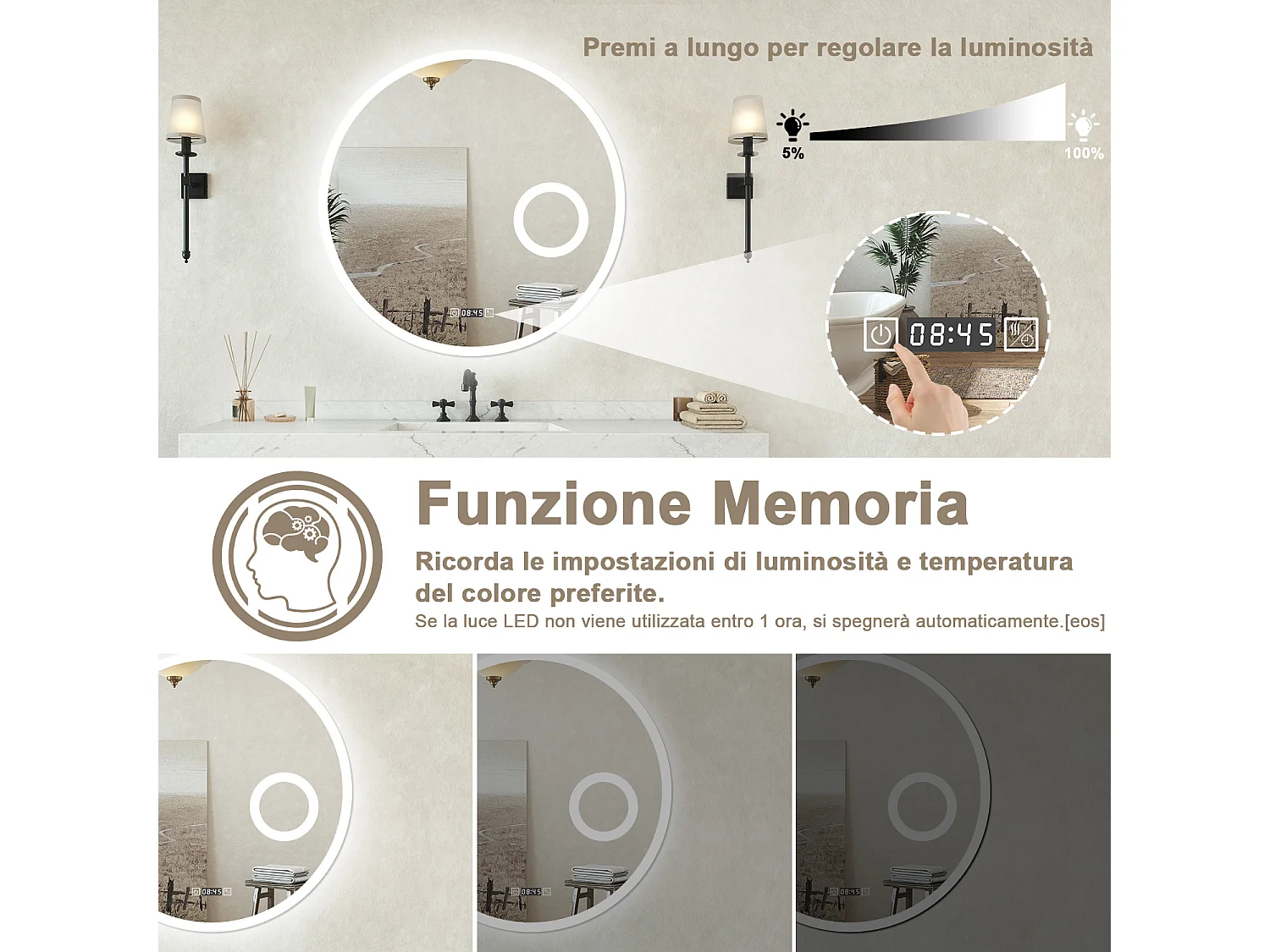 Specchio LED da Bagno Tondo 80cm con 3 Luci, Touch, Orologio, Lente d'Ingrandimento, Anti-Appannamento, Dimmerabile e Memoria