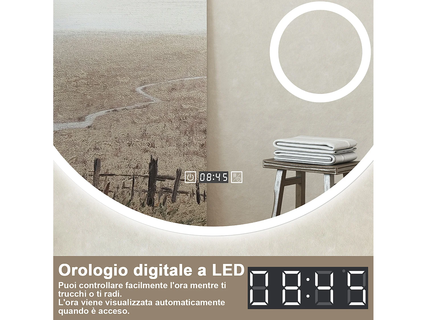 Specchio LED da Bagno Tondo 80cm con 3 Luci, Touch, Orologio, Lente d'Ingrandimento, Anti-Appannamento, Dimmerabile e Memoria