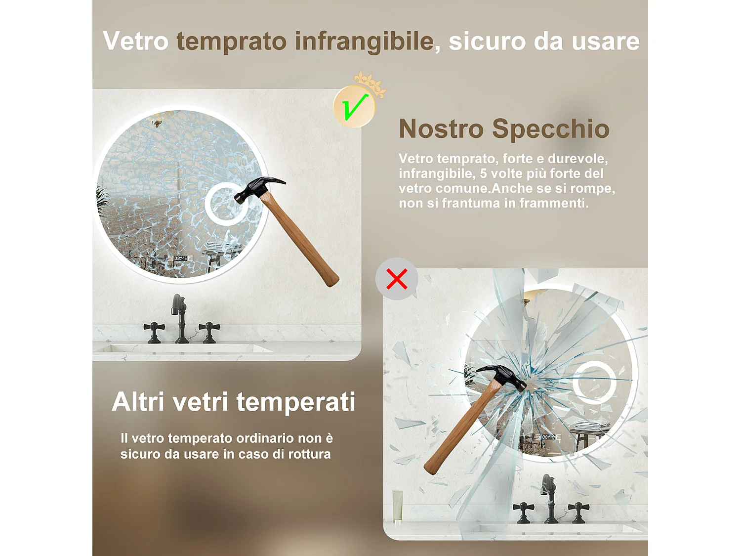 Specchio LED da Bagno Tondo 80cm con 3 Luci, Touch, Orologio, Lente d'Ingrandimento, Anti-Appannamento, Dimmerabile e Memoria