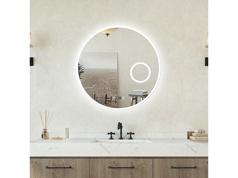 Specchio LED da Bagno Tondo 80cm con 3 Luci, Touch, Orologio, Lente d'Ingrandimento, Anti-Appannamento, Dimmerabile e Memoria