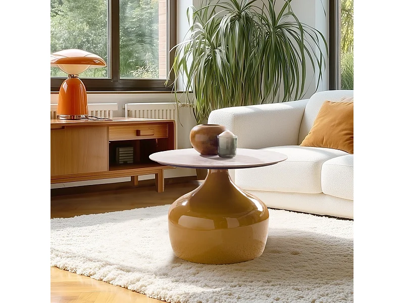 HORTENSE - Table basse 60cm plateau carreaux vitrifiés pied fer camel