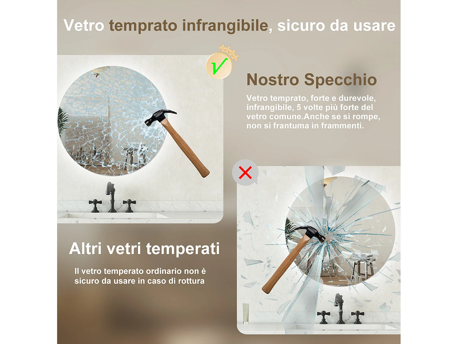 Specchio bagno tondo 80 cm con led. Dimmerabile + Touch Control + Bordo non sabbiato + IP44