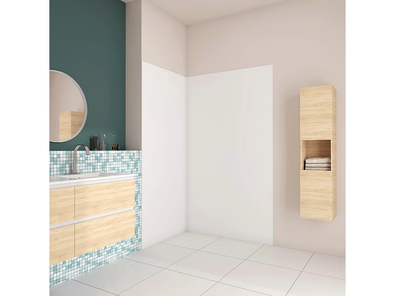 H.210 cm Pannello Doccia ad Angolo 90x80 cm Realizzato in Alluminio da 3 mm con Profili Finitura Bianco Opaco per Rivestimento Parete Bagno