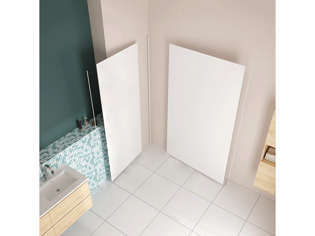 H.210 cm Pannello Doccia ad Angolo 90x80 cm Realizzato in Alluminio da 3 mm con Profili Finitura Bianco Opaco per Rivestimento Parete Bagno