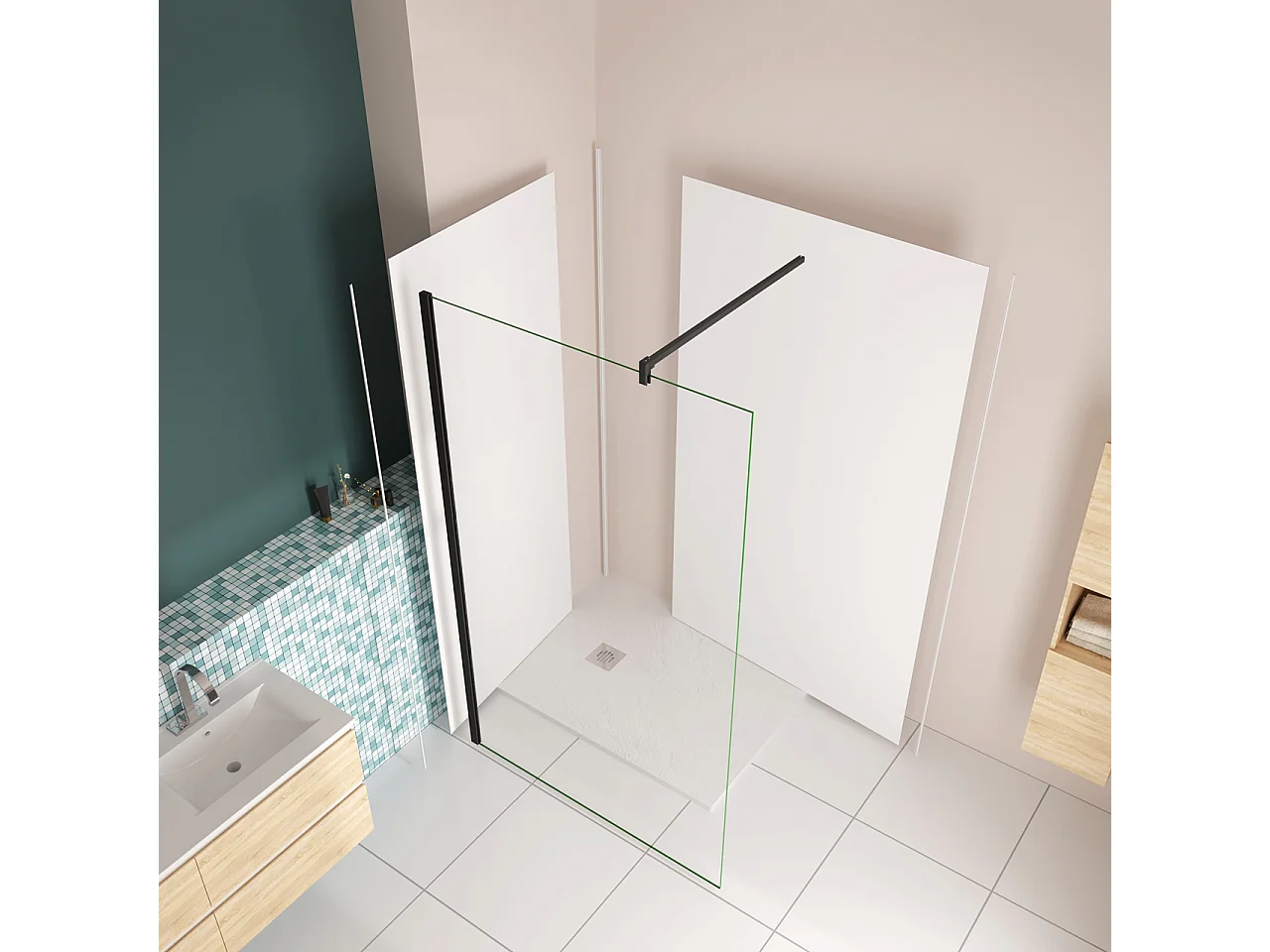 H.210 cm Pannello Doccia ad Angolo 90x80 cm Realizzato in Alluminio da 3 mm con Profili Finitura Bianco Opaco per Rivestimento Parete Bagno