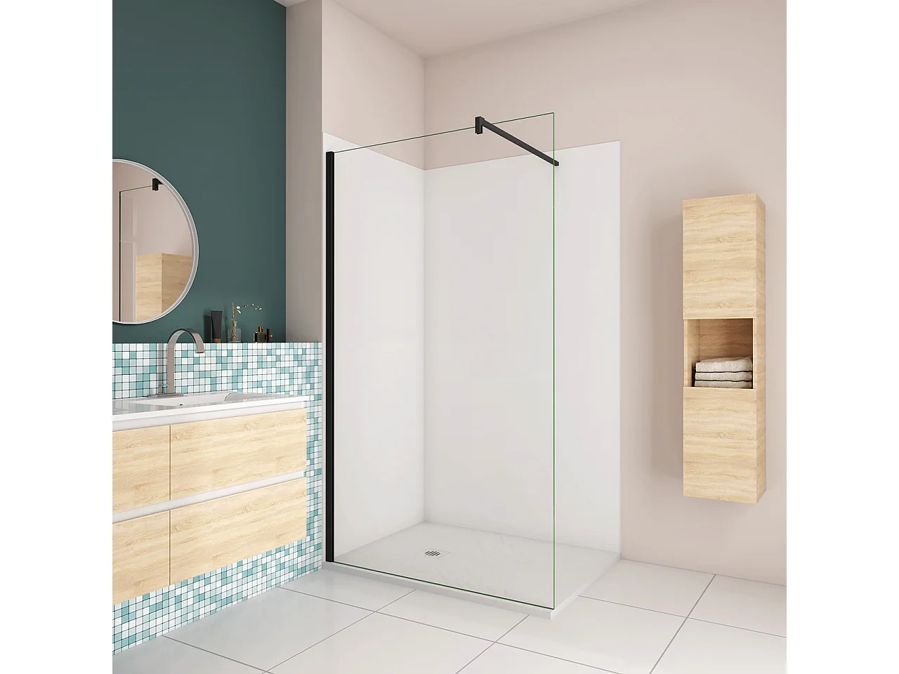 H.210 cm Pannello Doccia ad Angolo 90x80 cm Realizzato in Alluminio da 3 mm con Profili Finitura Bianco Opaco per Rivestimento Parete Bagno
