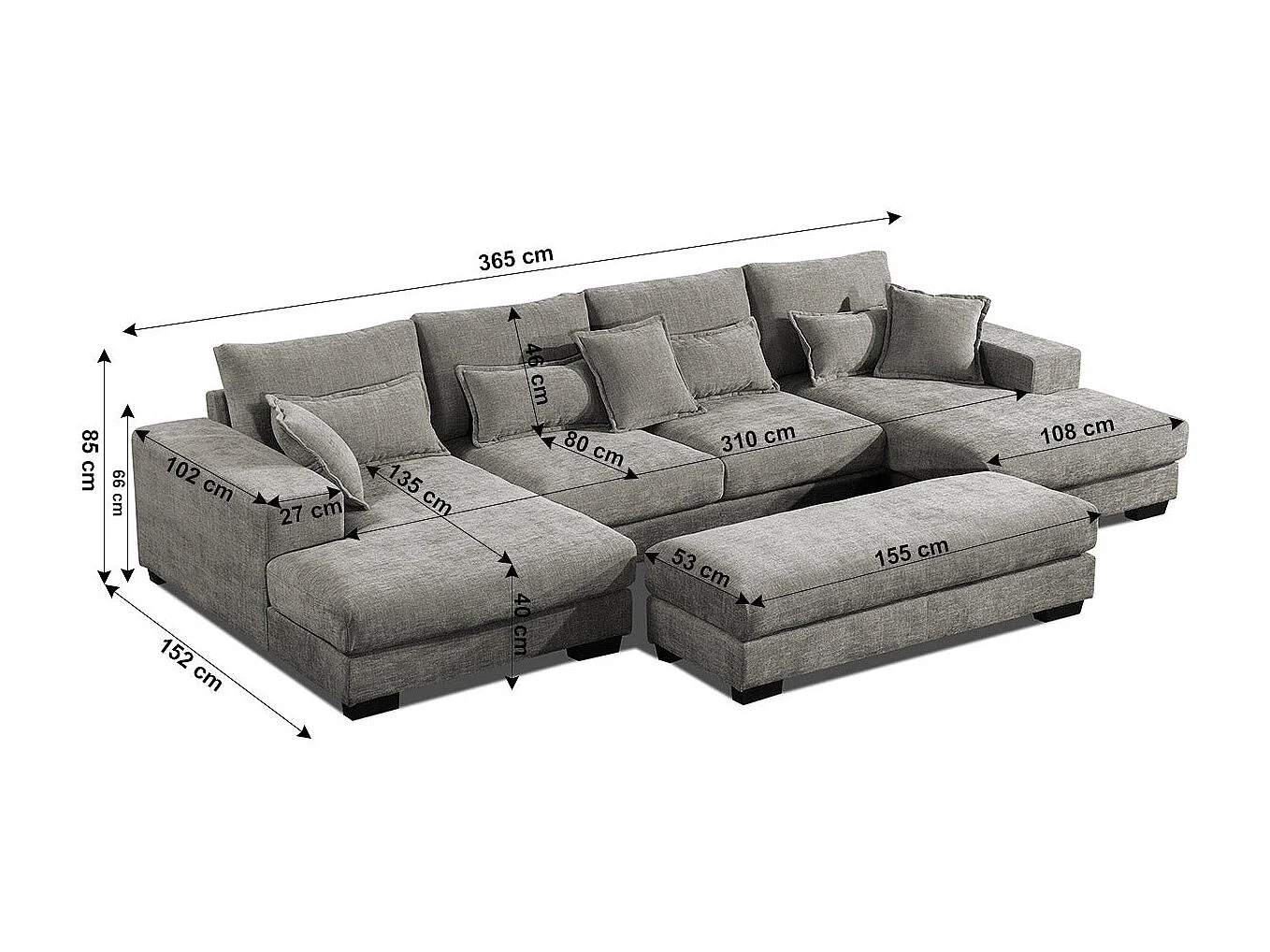 Sofá-cama de canto Mega com chaise longue Kim 368cm, cinza