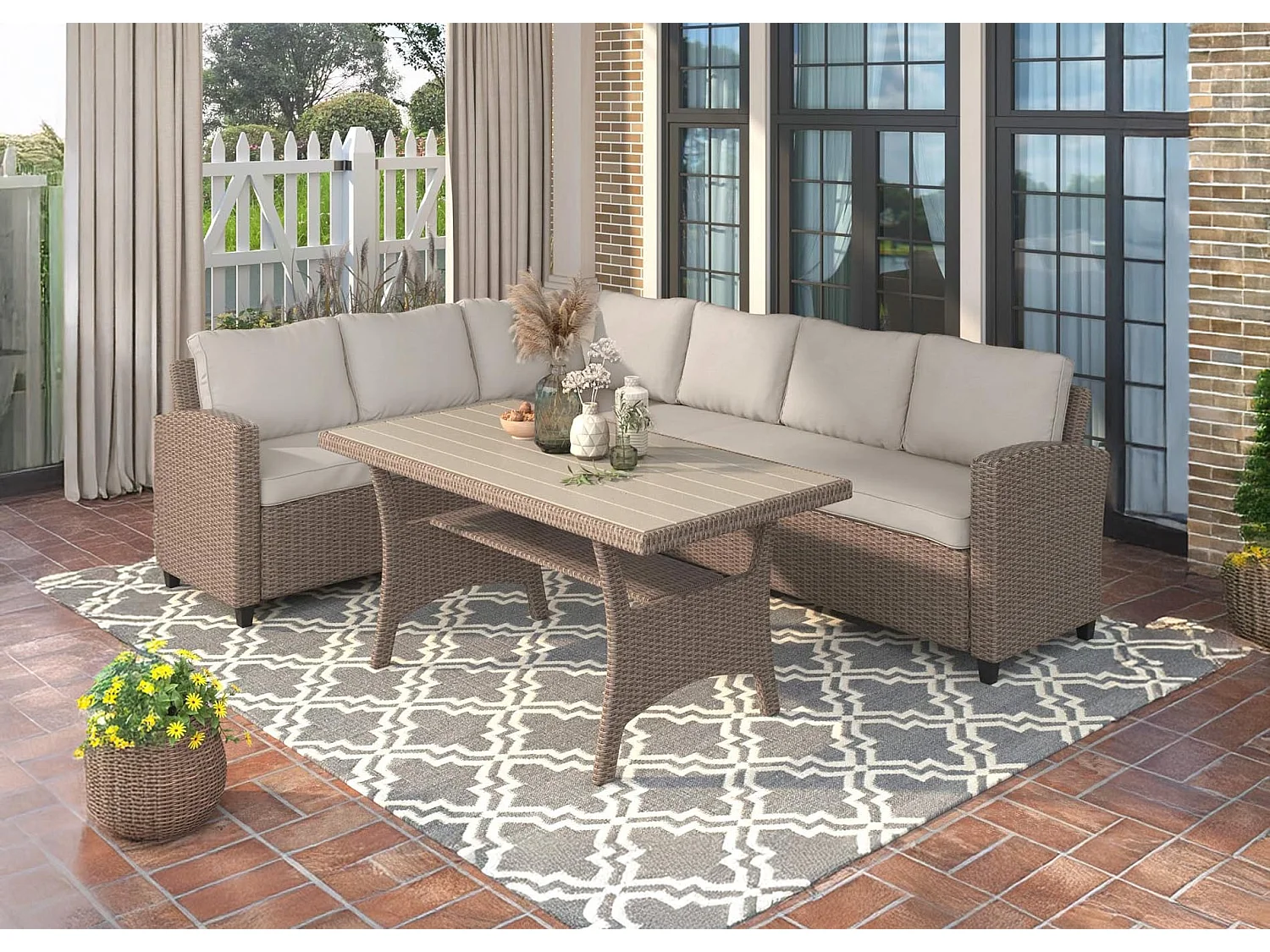 Sofa Rinconera + Mesa de Ratan PE Marron. Muebles de Jardin y Terraza 237cm
