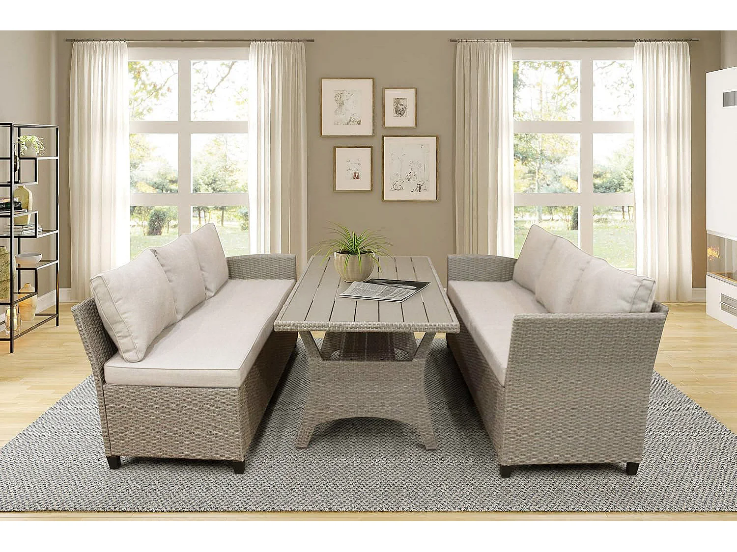 Sofa Rinconera + Mesa de Ratan PE Marron. Muebles de Jardin y Terraza 237cm