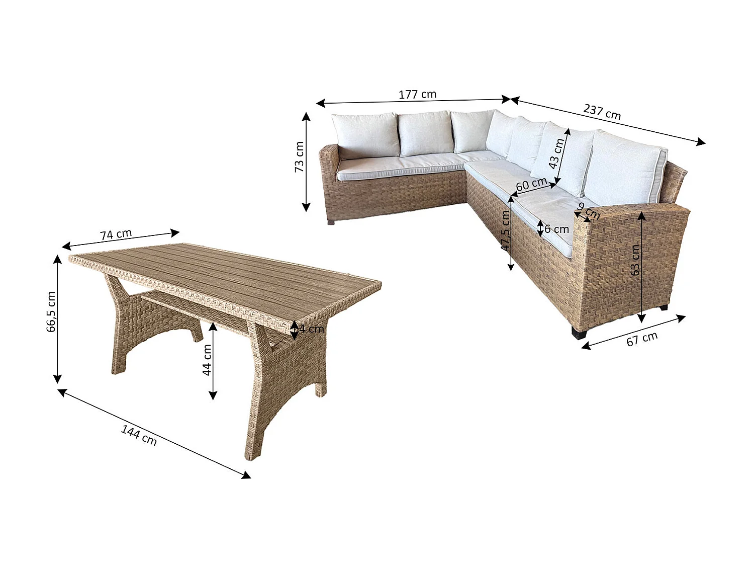 Sofa Rinconera + Mesa de Ratan PE Marron. Muebles de Jardin y Terraza 237cm