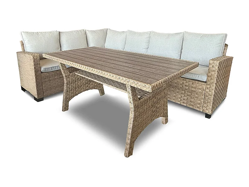 Sofa Rinconera + Mesa de Ratan PE Marron. Muebles de Jardin y Terraza 237cm