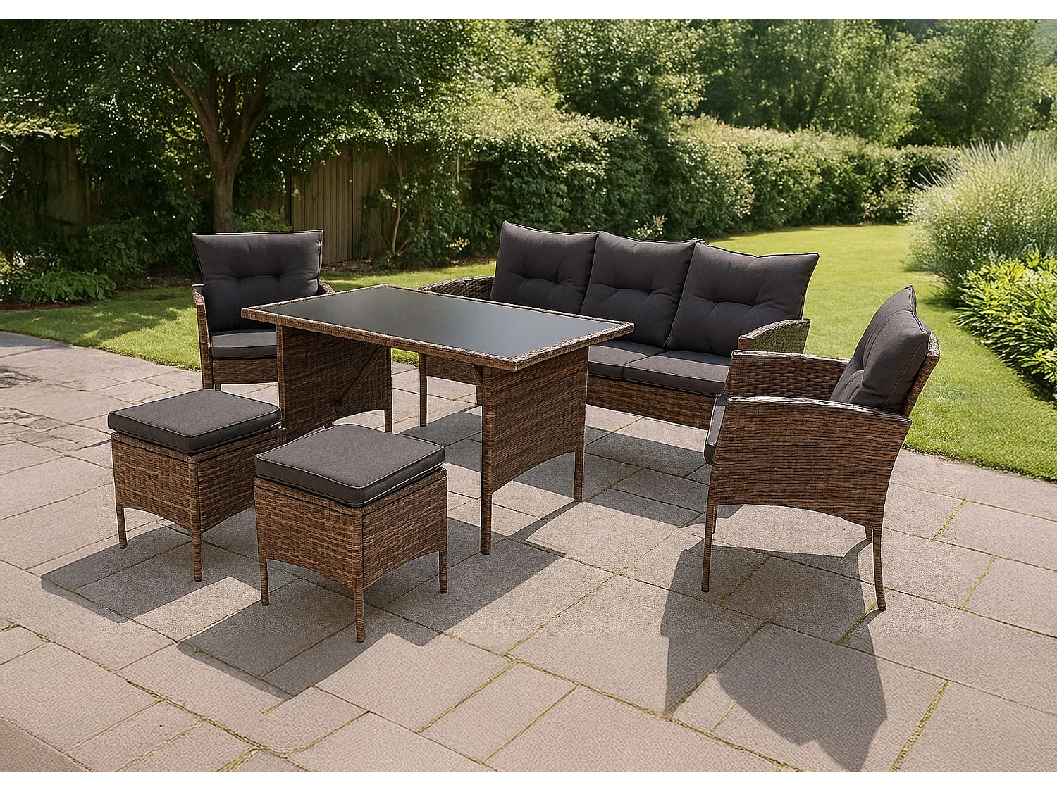 Sofa + Mesa + 2 Sillones + 2 pufs Ratan PE. Muebles de Jardin y Terraza Sebas, Ratan Marron