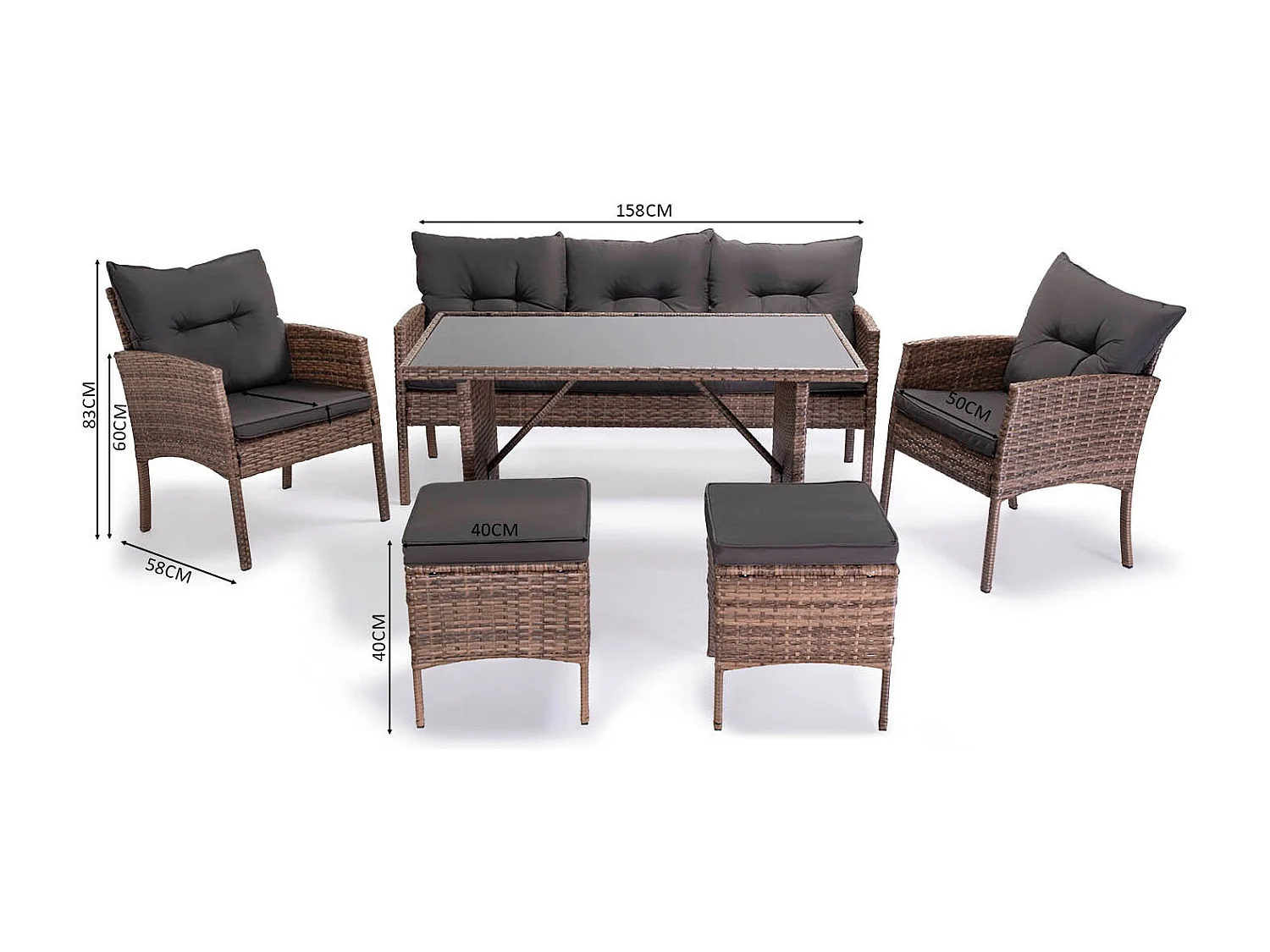 Sofa + Mesa + 2 Sillones + 2 pufs Ratan PE. Muebles de Jardin y Terraza Sebas, Ratan Marron