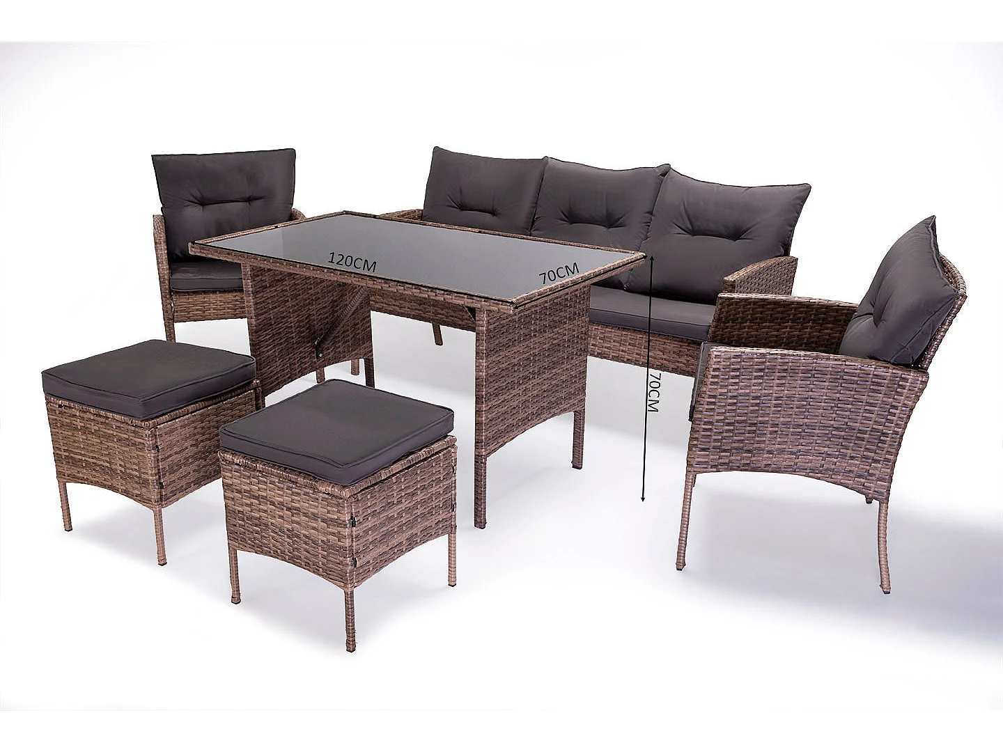 Sofa + Mesa + 2 Sillones + 2 pufs Ratan PE. Muebles de Jardin y Terraza Sebas, Ratan Marron