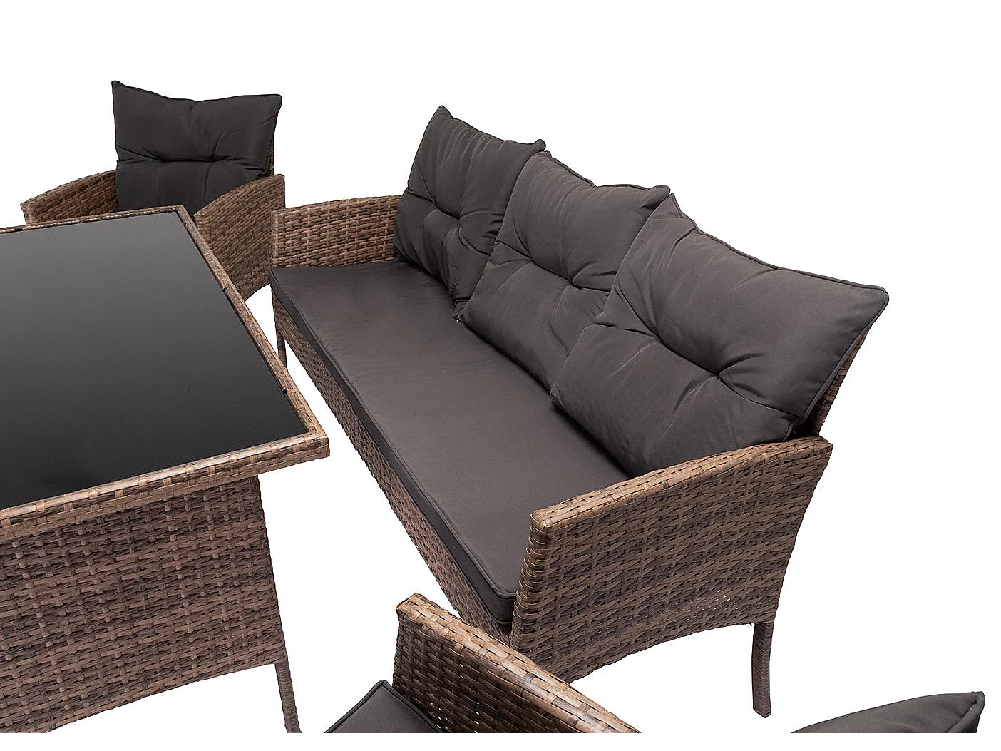 Sofa + Mesa + 2 Sillones + 2 pufs Ratan PE. Muebles de Jardin y Terraza Sebas, Ratan Marron