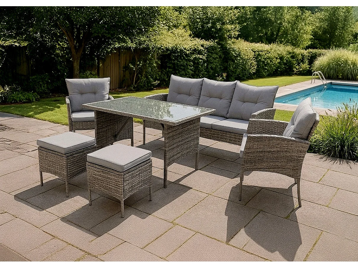 Sofa + Mesa + 2 Sillones + 2 pufs Ratan PE Sebas. Muebles de Jardin y Terraza, Ratan Gris