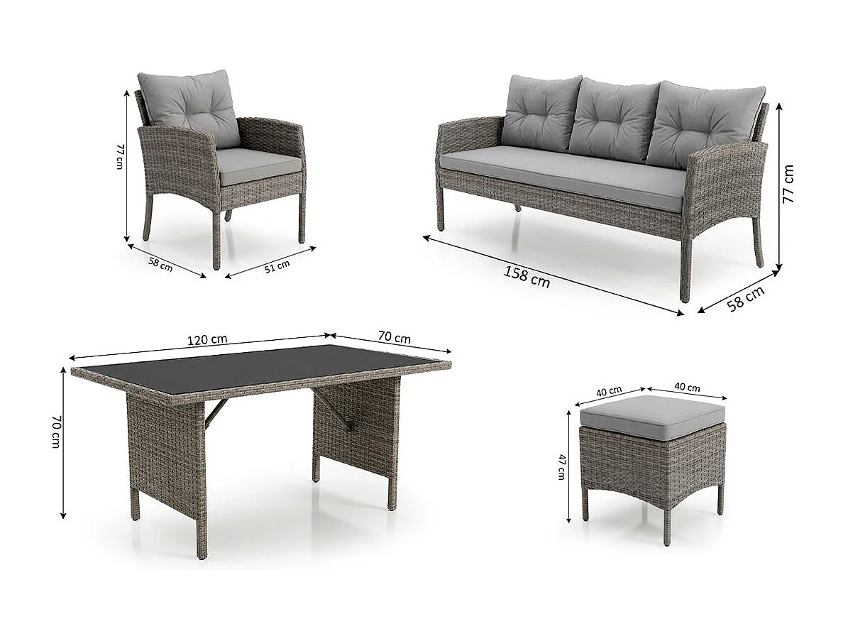 Sofa + Mesa + 2 Sillones + 2 pufs Ratan PE Sebas. Muebles de Jardin y Terraza, Ratan Gris