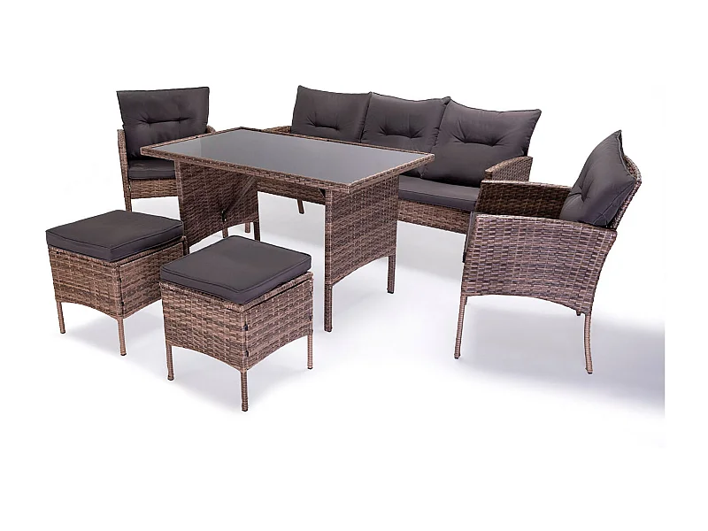 Sofa + Mesa + 2 Sillones + 2 pufs Ratan PE. Muebles de Jardin y Terraza Sebas, Ratan Marron