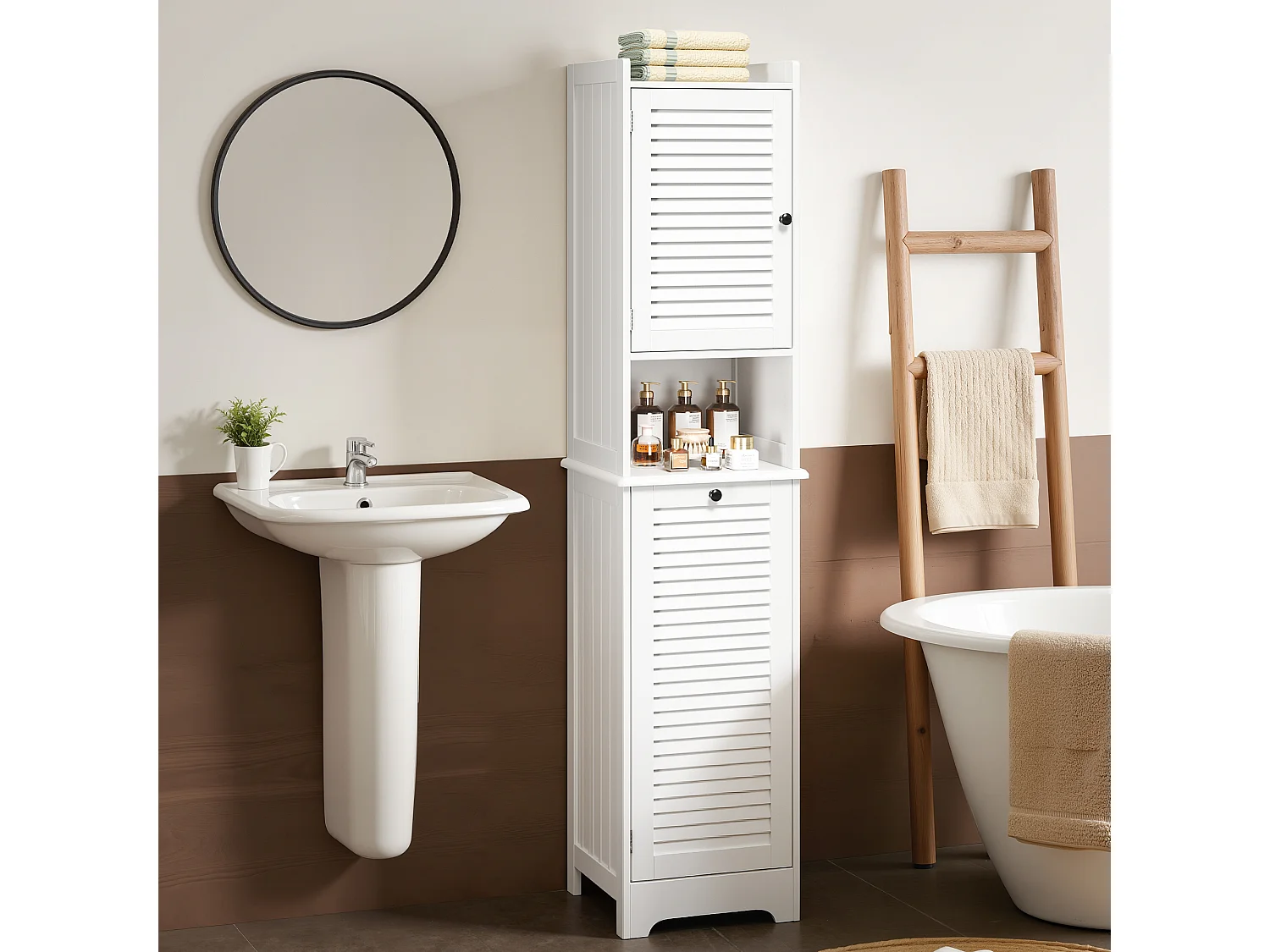 Bealife Meuble Colonne Salle De Bain Rangement Sur Pied Armoire 1 Porte 1 Placard Étagère 1 Panier à Linge