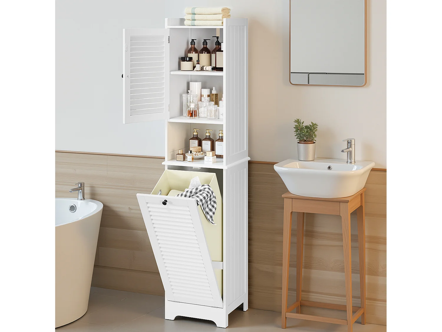 Bealife Meuble Colonne Salle De Bain Rangement Sur Pied Armoire 1 Porte 1 Placard Étagère 1 Panier à Linge
