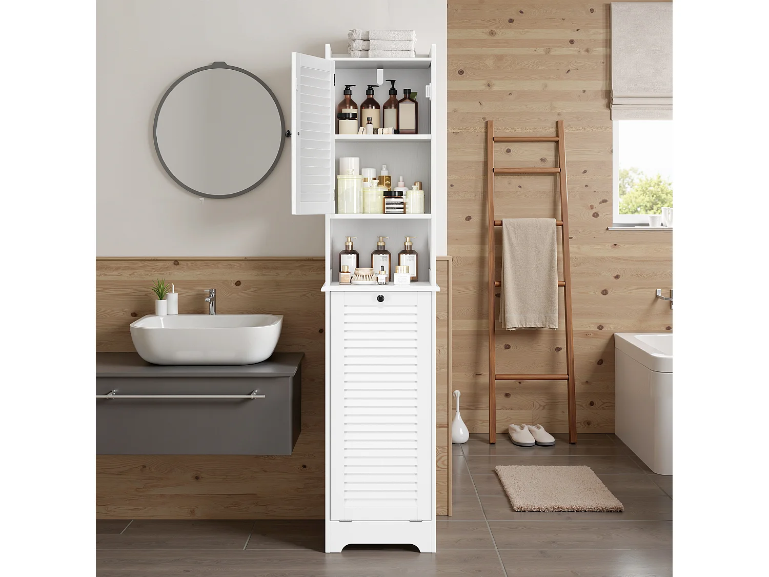 Bealife Meuble Colonne Salle De Bain Rangement Sur Pied Armoire 1 Porte 1 Placard Étagère 1 Panier à Linge