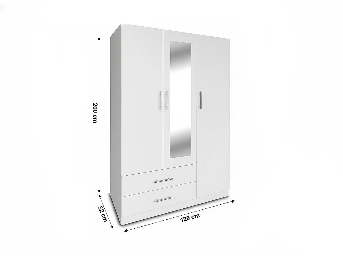 Armario de Dormitorio 3 Puertas W, con Espejo, Blanco