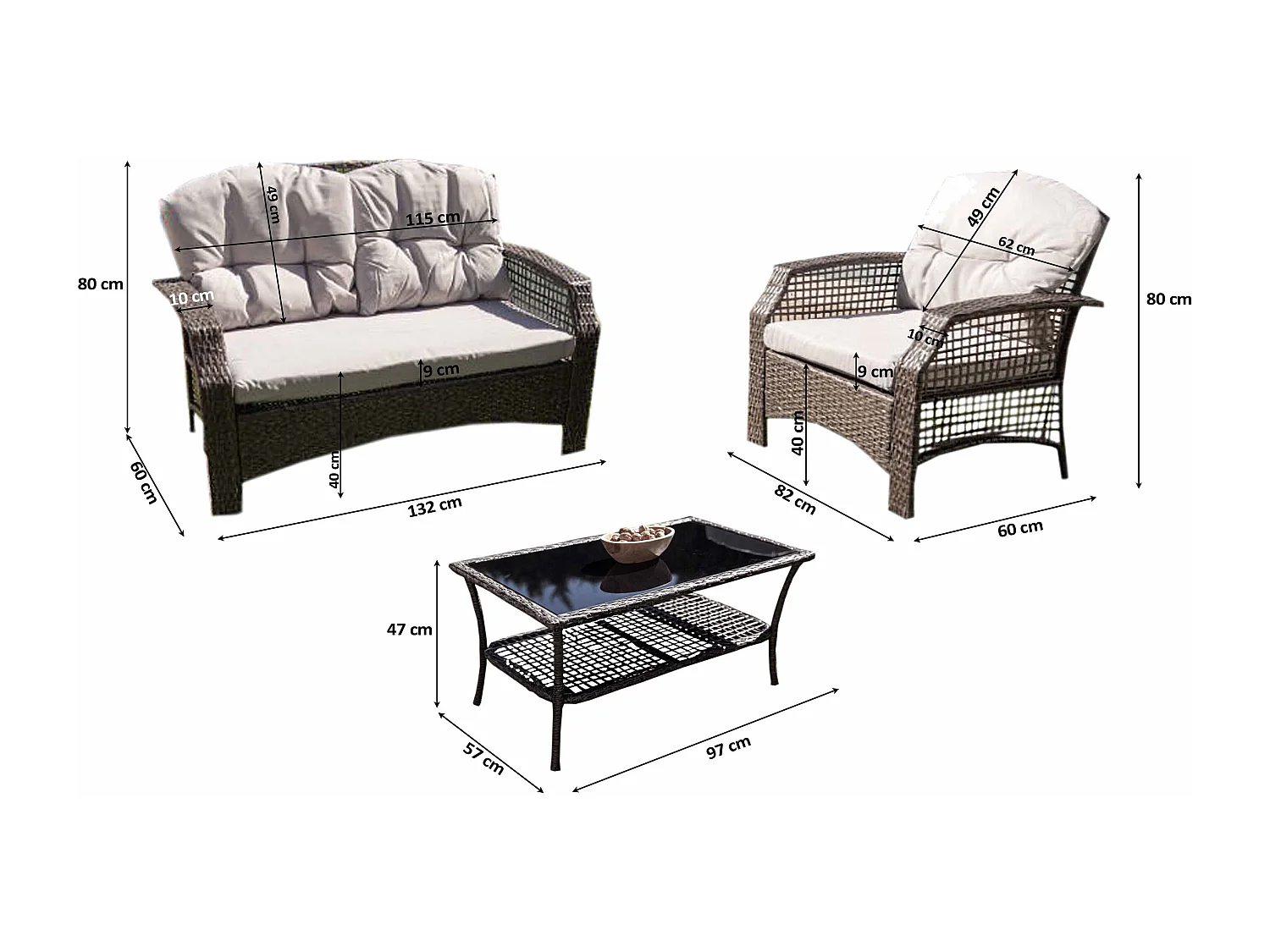 Sofa + 2 Sillas + Mesa. Muebles de Jardin y Terraza de Ratan PE, Gris