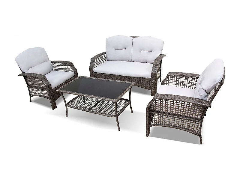 Sofa + 2 Sillas + Mesa. Muebles de Jardin y Terraza de Ratan PE, Gris