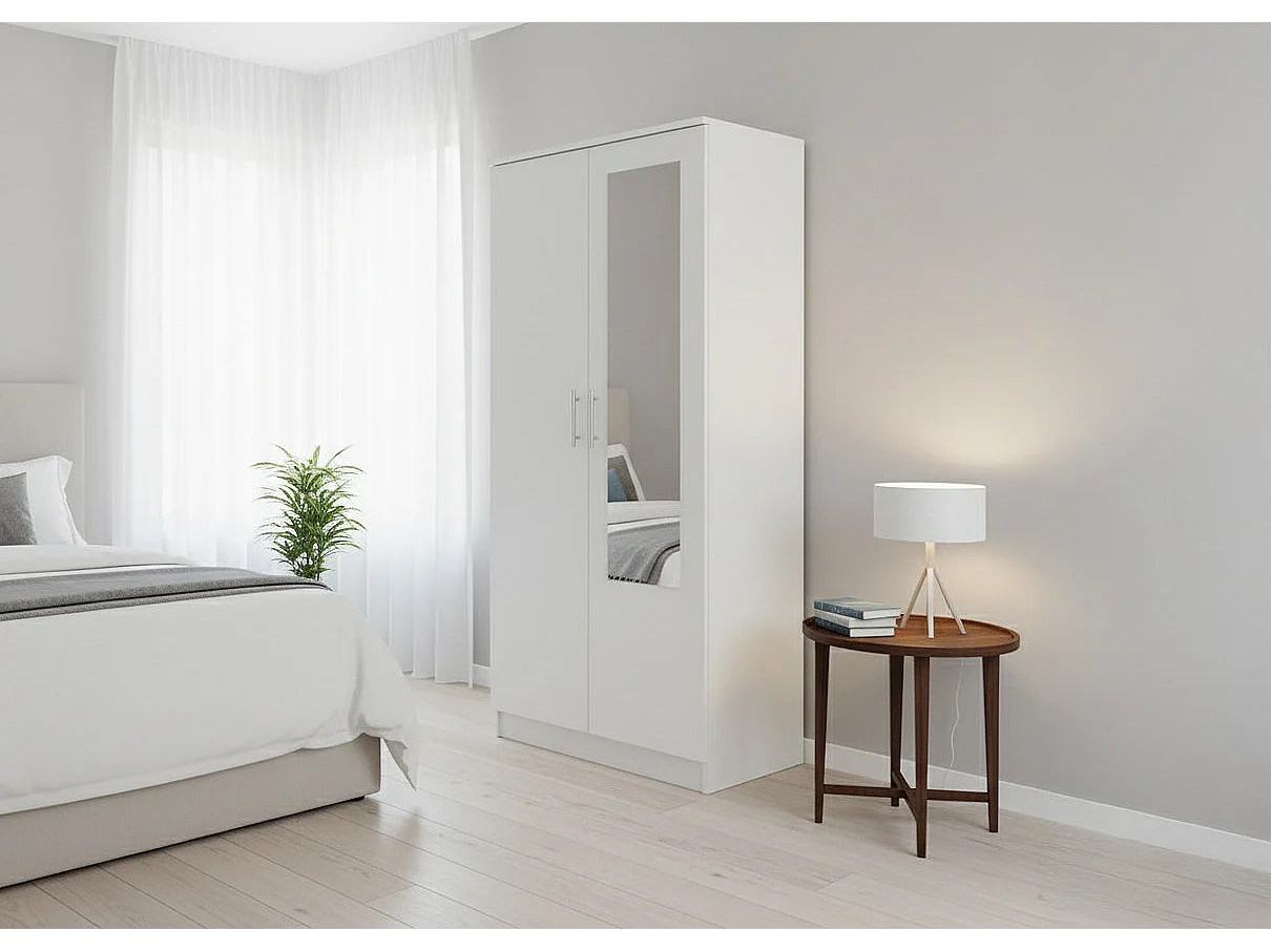 Armario de Dormitorio 2 Puertas W, con Espejo, Blanco