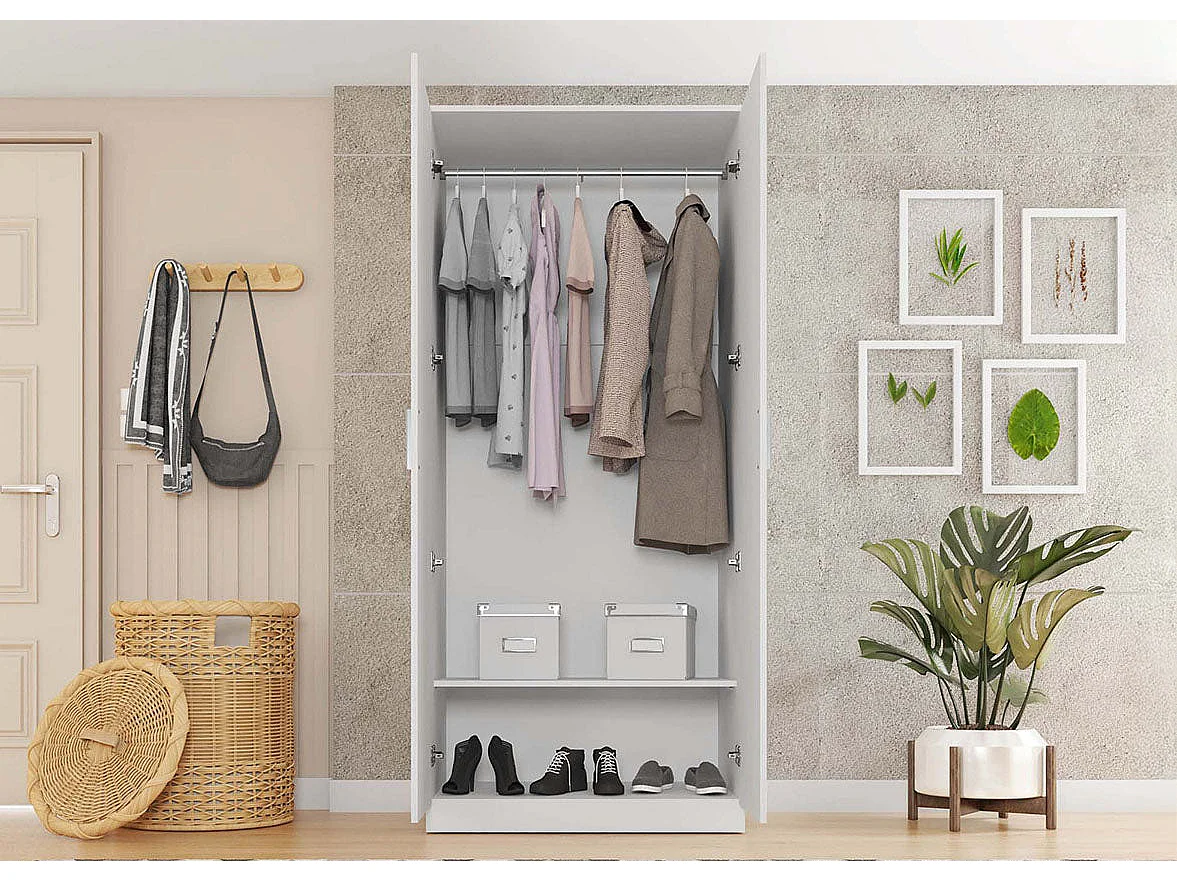 Armario de Dormitorio 2 Puertas W, con Espejo, Blanco