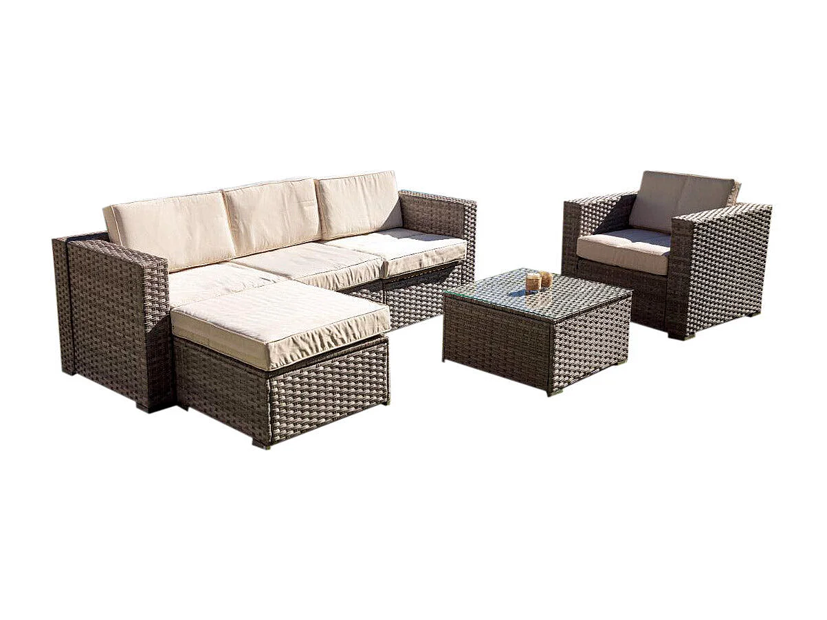 Sofá Chaise Longue + Poltrona + Mesa. Móveis de Jardim e Exterior Rattan PE Cinza