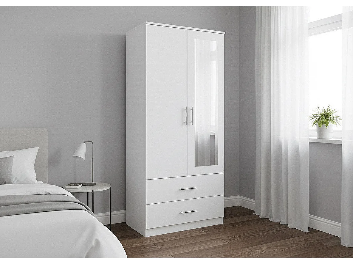 Armario de Dormitorio 2 Puertas 2 Cajones W, con Espejo, Blanco