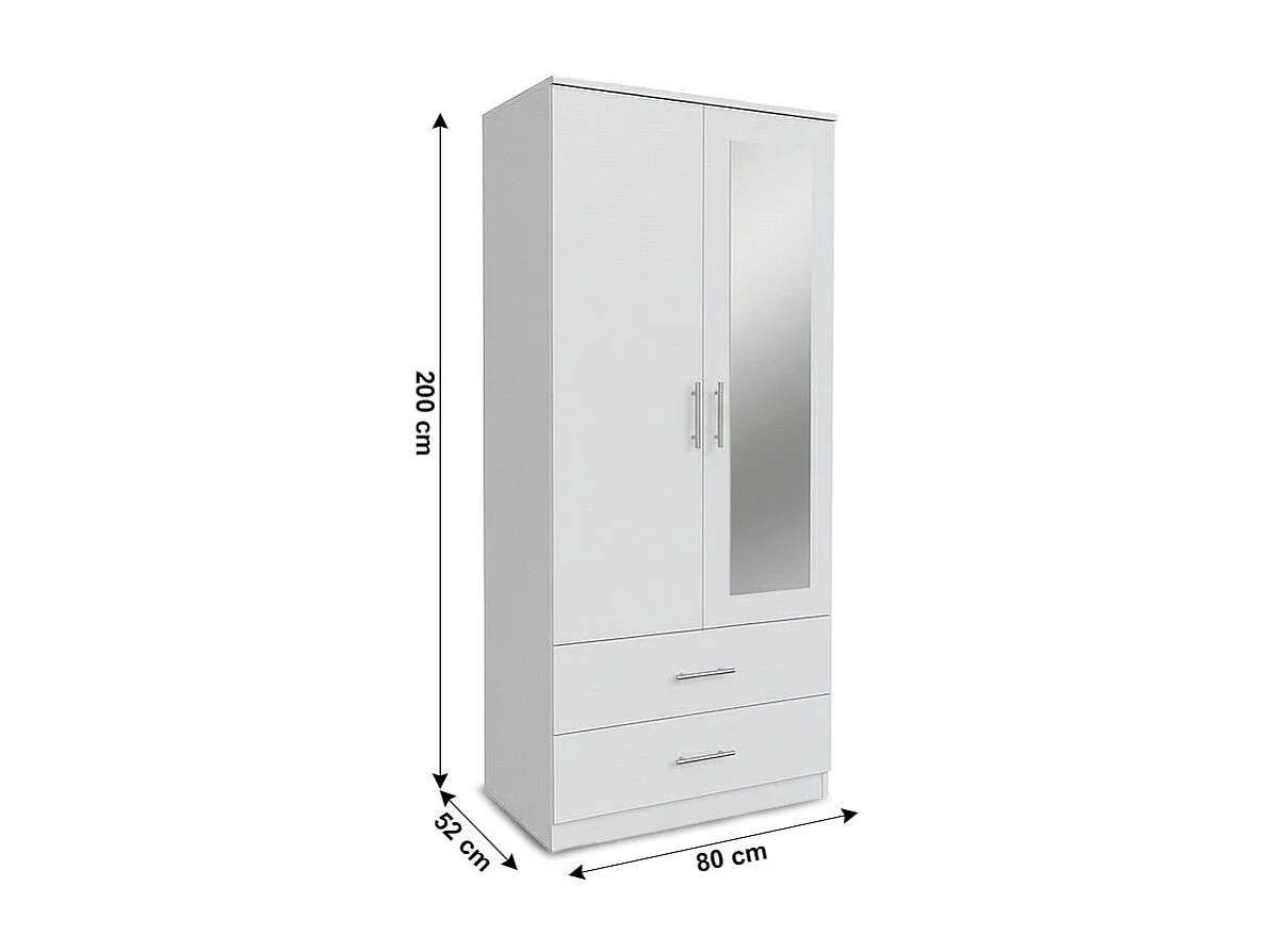 Armario de Dormitorio 2 Puertas 2 Cajones W, con Espejo, Blanco