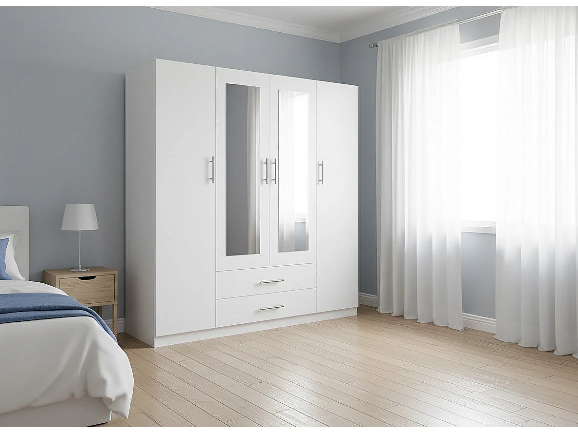 Armario de Dormitorio 4 Puertas W, con Espejo, Blanco