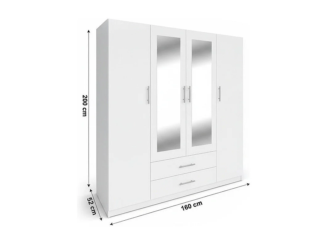 Armario de Dormitorio 4 Puertas W, con Espejo, Blanco