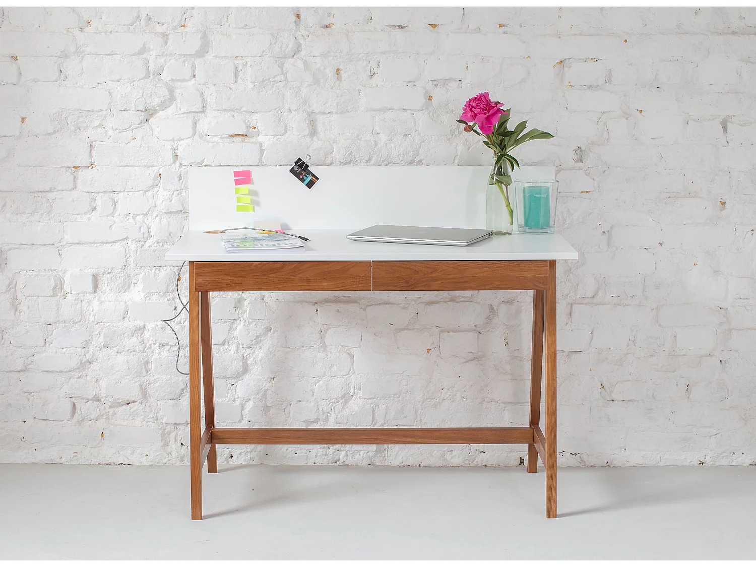 Petite bureau avec tiroirs 110 x 50 cm Luka Blanc Craie |Pieds couleur chêne